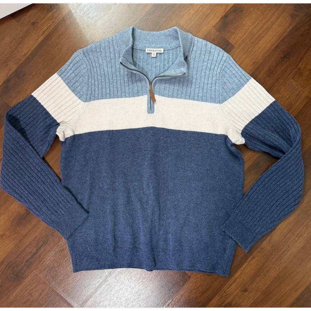 Frye & Co Mens 1/4 Zip Colorblock Knit Fisherman Sweater Blue Preppy Coastal XXL